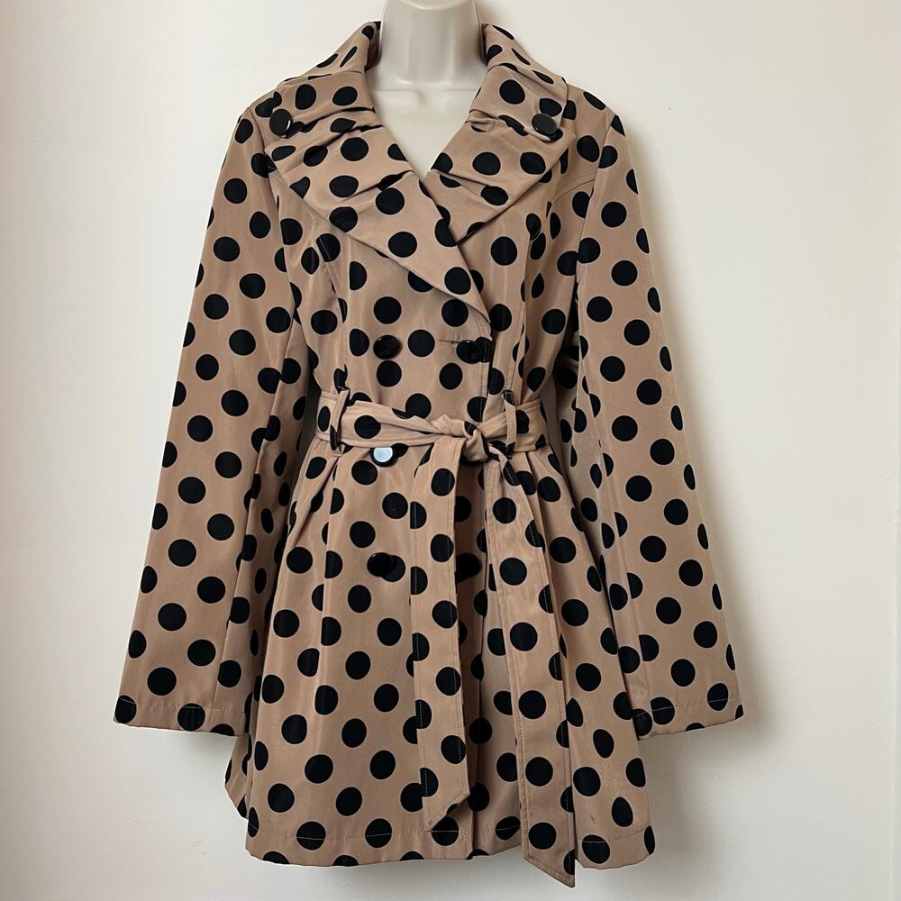 Metrostyle Khaki Black Polka Dot Trenchcoat Ruched Lapels 12 Lined with Pockets